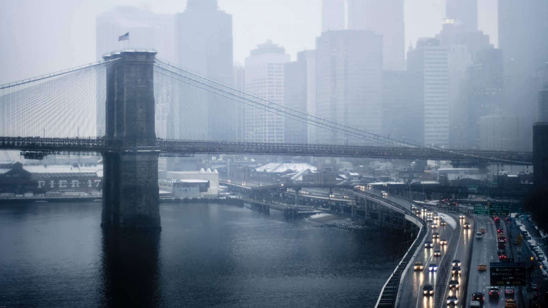 Дождь в Нью Йорке Бруклинский мост