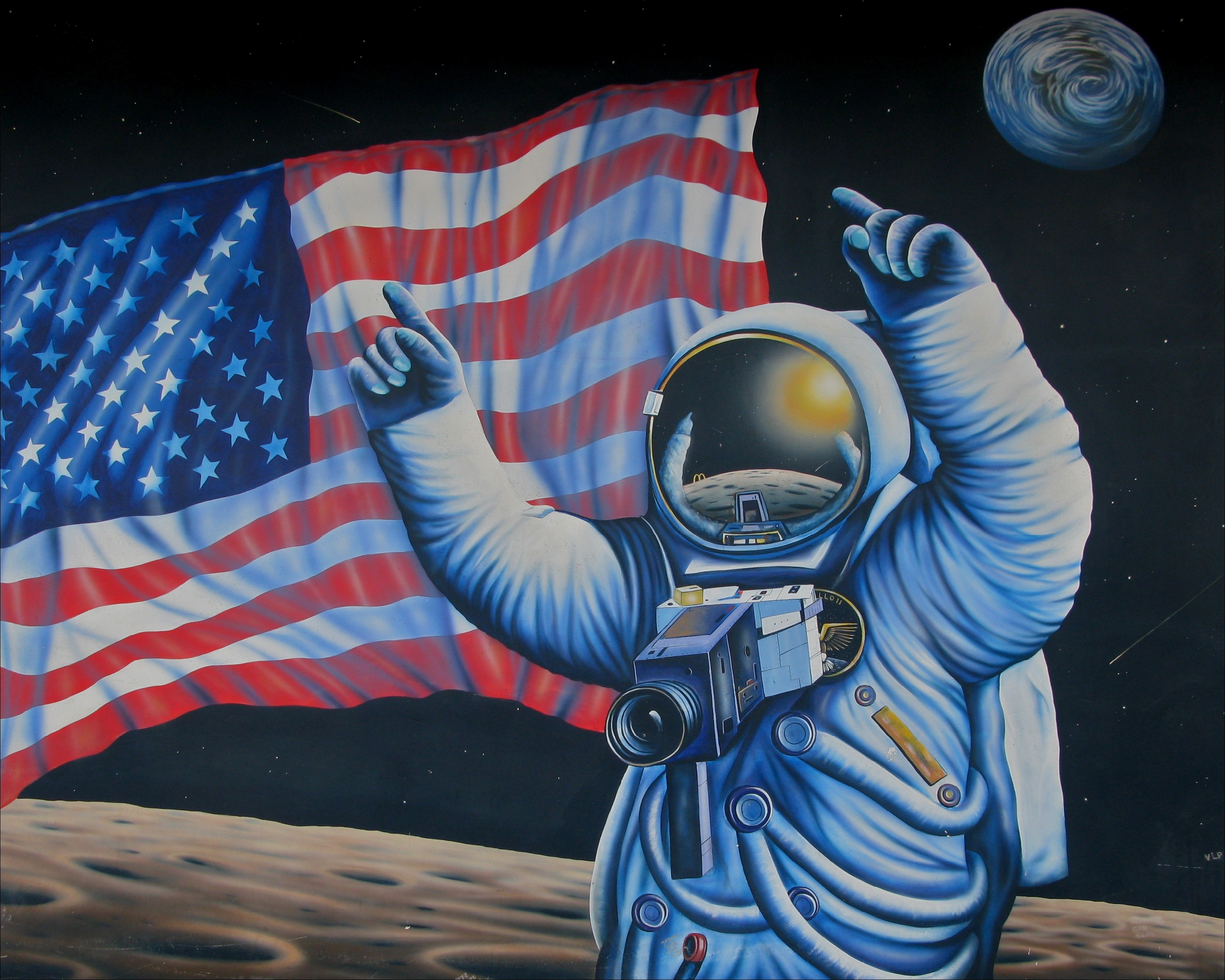 Обои флаг, живопись, арт, астронавт, уличное искусство, фото, заставка.