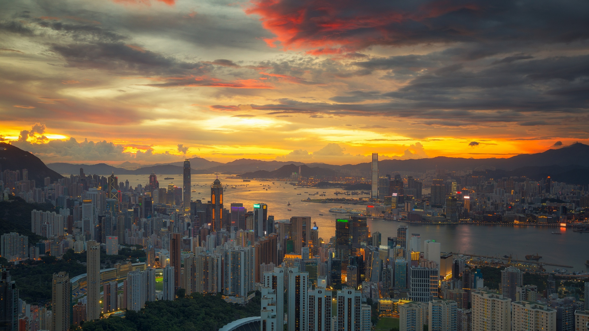 Обои городской пейзаж, городской район, город, метрополия, закат в разрешении 1920x1080