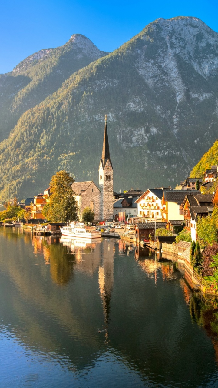 Обои гальштат, горная деревня, природа, гора, отражение в разрешении 720x1280