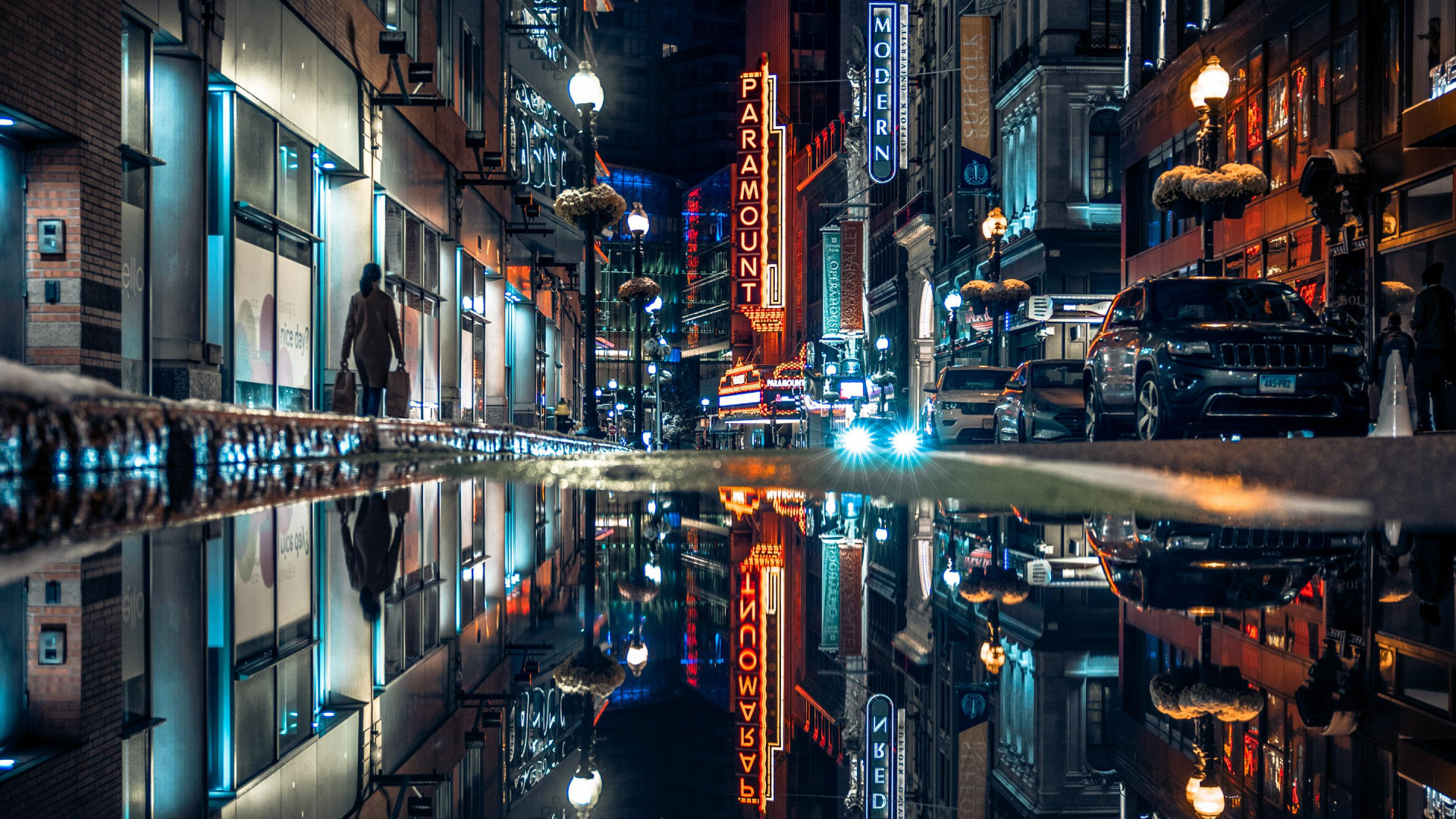 Обои отражение, Бостон, здание, вода, электричество в разрешении 1920x1080