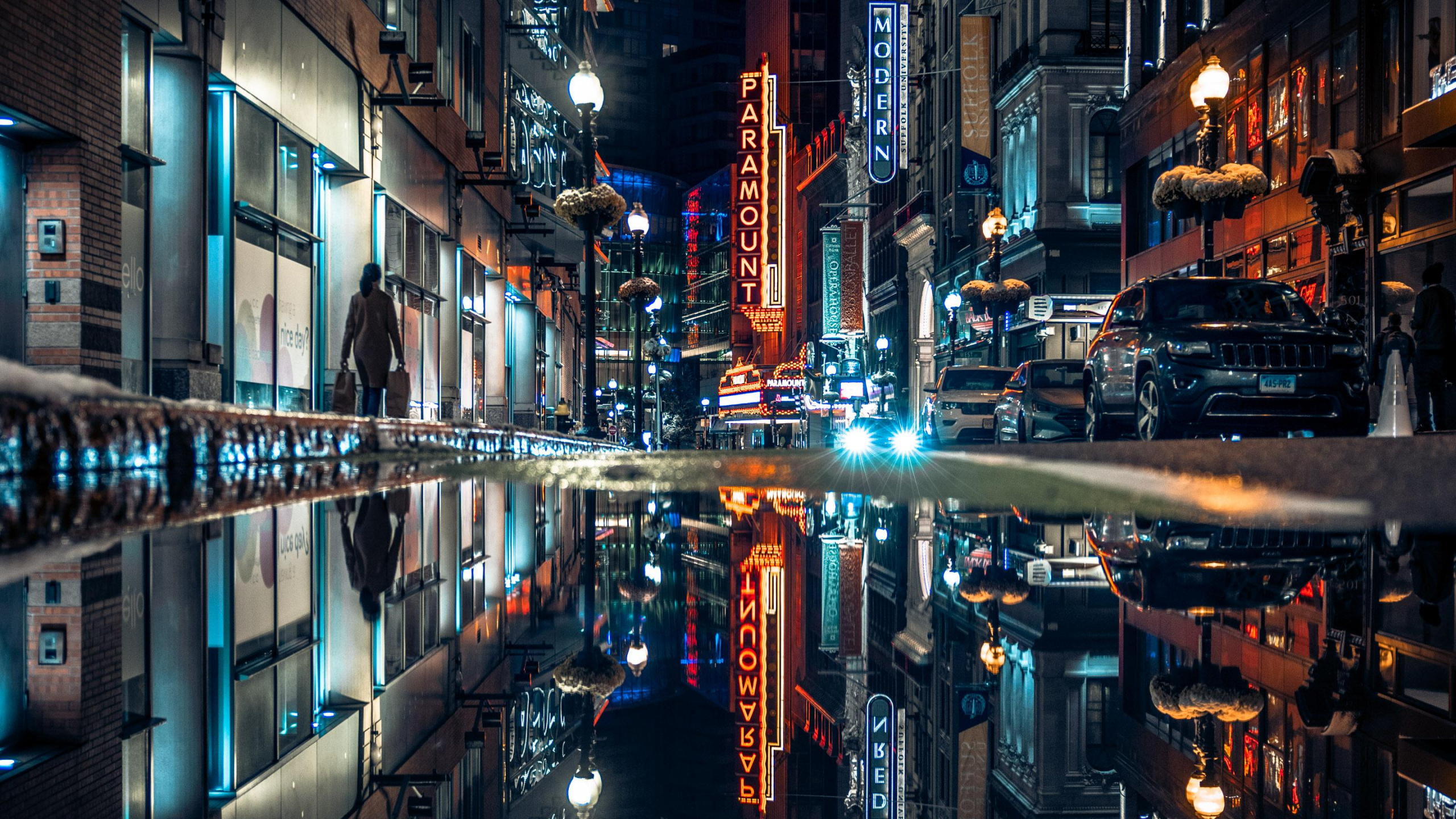 Обои отражение, Бостон, здание, вода, электричество в разрешении 2560x1440