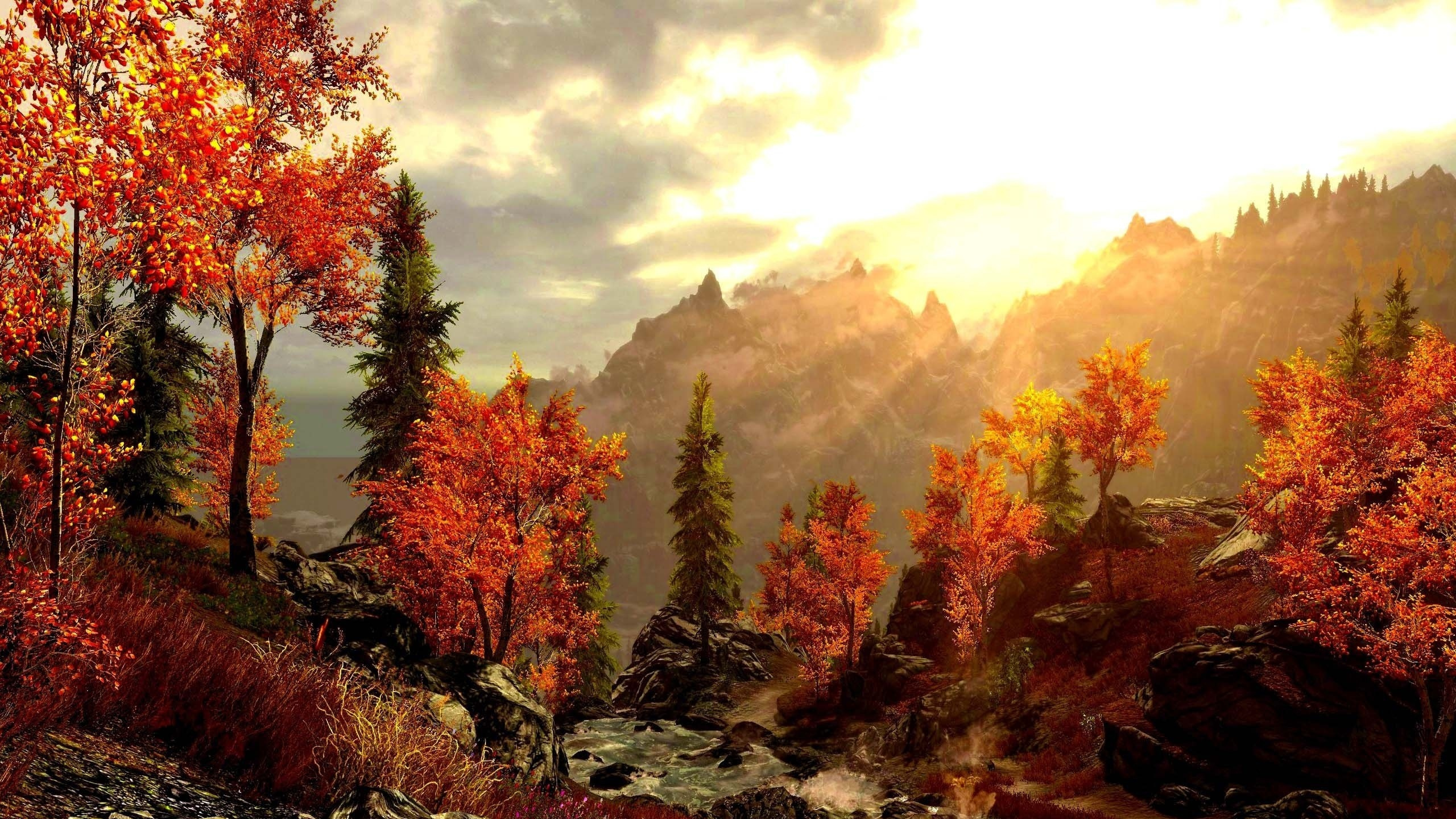 Обои живопись, гора, арт, осень, природа в разрешении 2560x1440