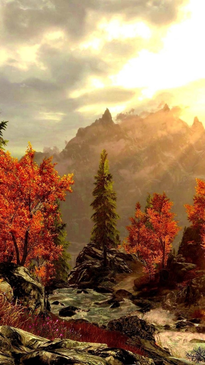 Обои живопись, гора, арт, осень, природа в разрешении 720x1280
