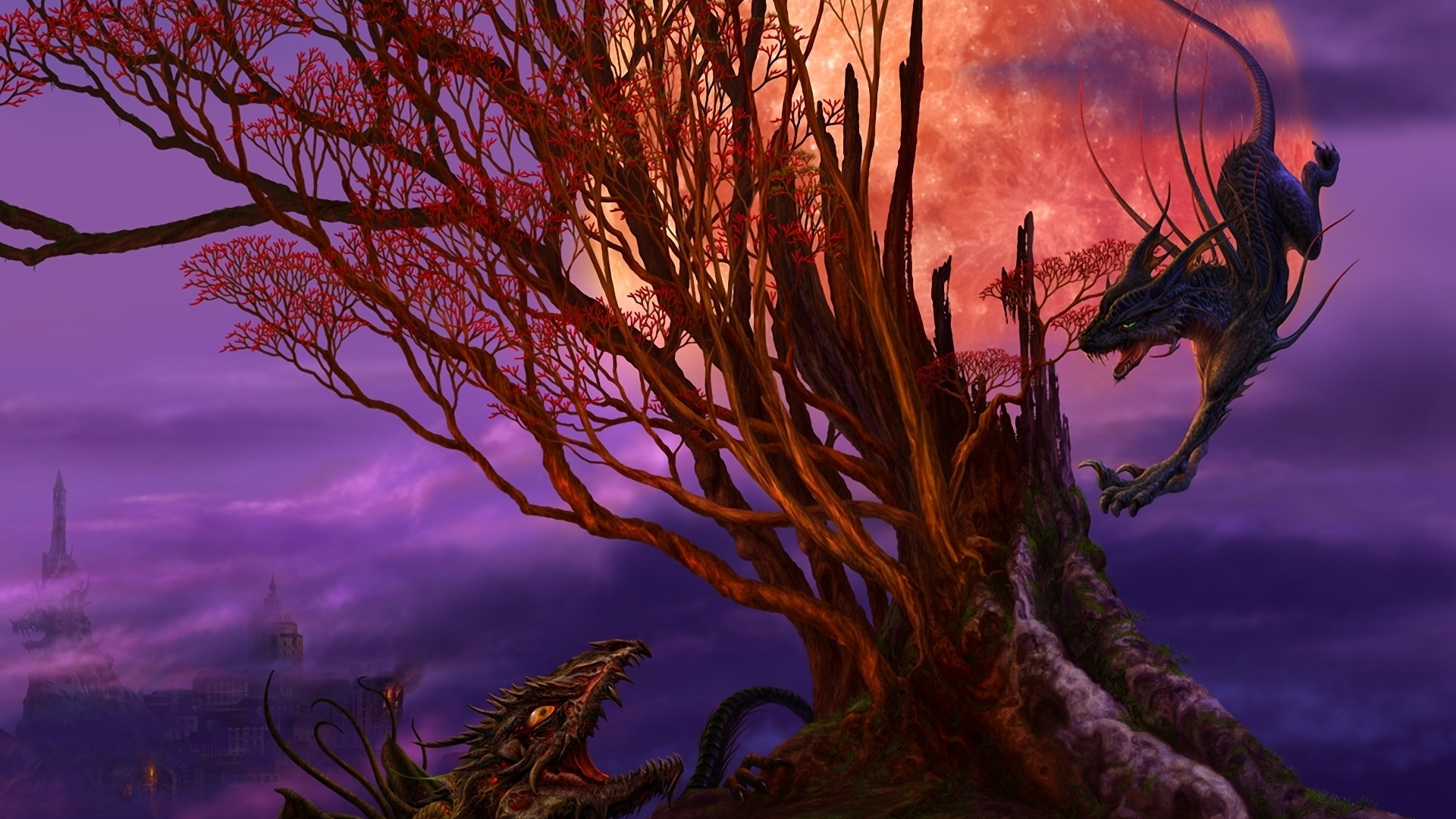 Обои пурпур, дерево, дракон, ветвь, ветка в разрешении 1920x1080