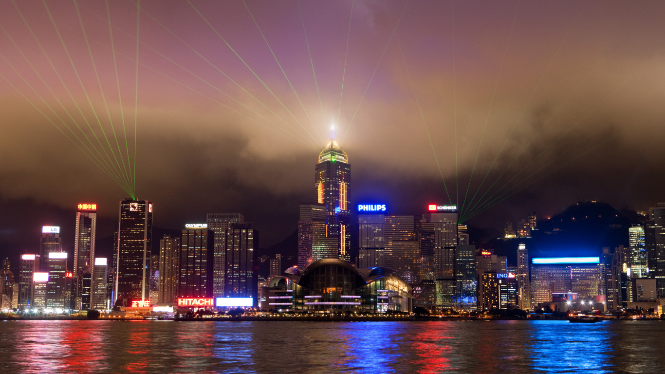 Обои Гонконг, городской пейзаж, город, метрополия, линия горизонта в разрешении 1366x768