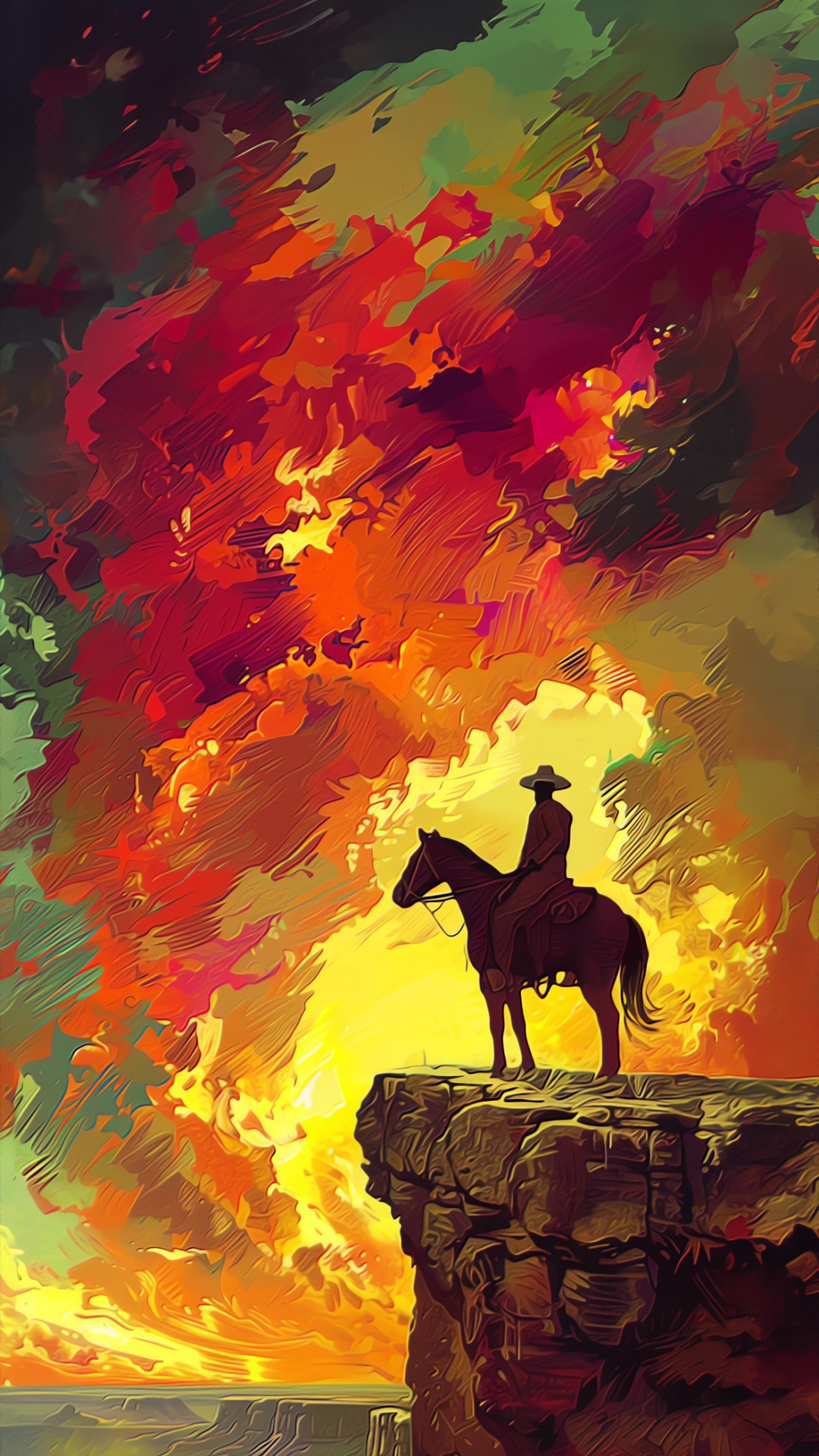 Обои ковбой, живопись, арт, вестерн, конь в разрешении 1080x1920