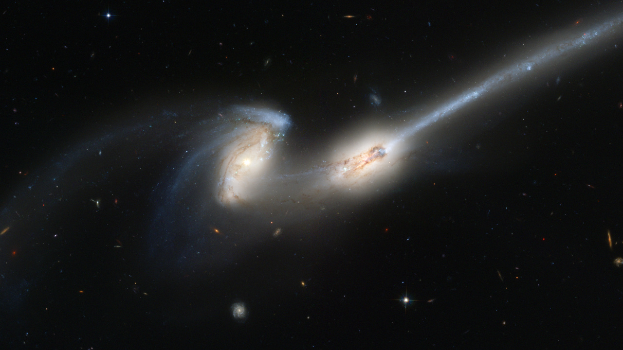 Обои Галактика, спиральная Галактика, взаимодействующие галактики, космическое пространство, астрономический объект в разрешении 1280x720