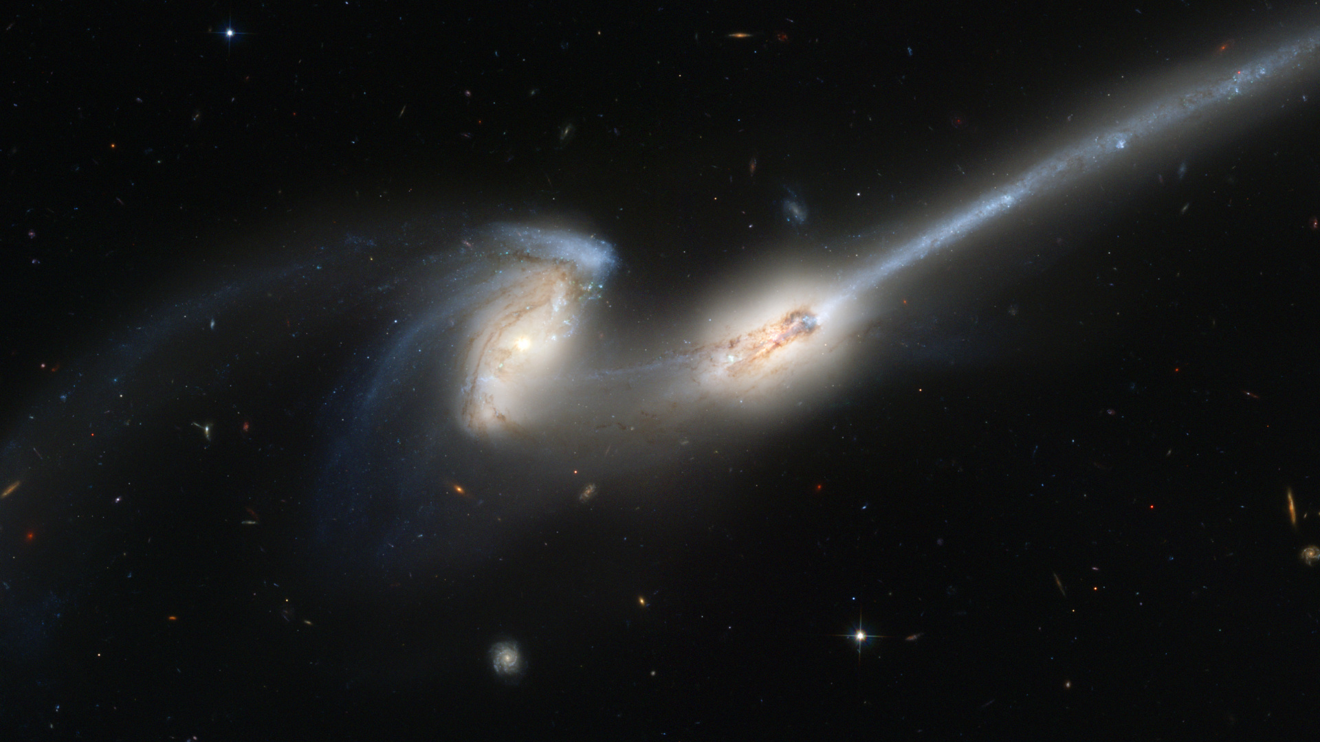 Обои Галактика, спиральная Галактика, взаимодействующие галактики, космическое пространство, астрономический объект в разрешении 1920x1080