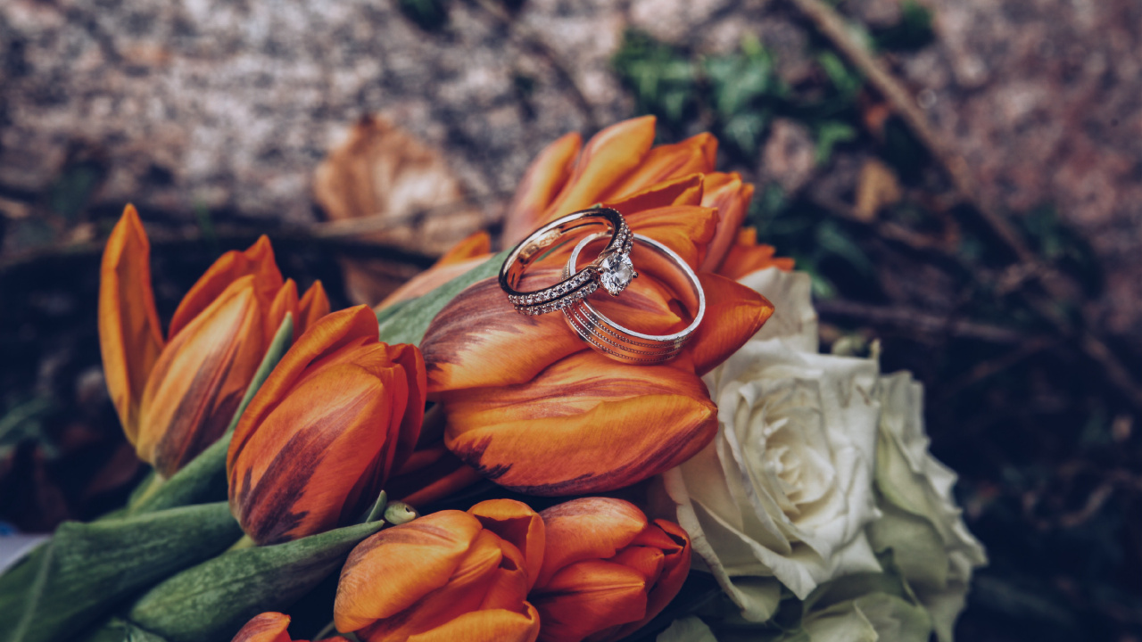 Обои кольцо, цветочный букет, свадьба, цветок, обручальное кольцо в разрешении 1280x720