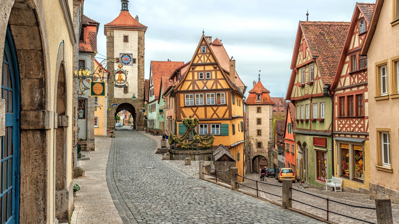 Обои Ротенбург-об-дер-Таубер, городок, улица, здание, город в разрешении 1366x768