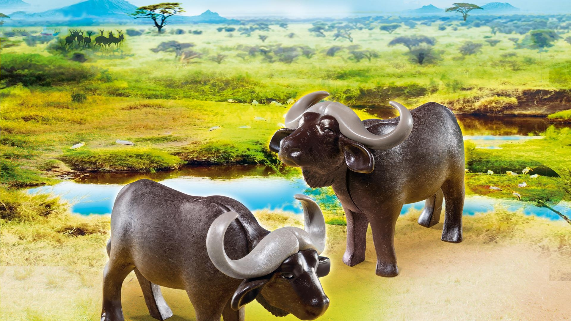 Обои Плеймобиль, живая природа, наземные животные, водяного буйвола, слоны и мамонты в разрешении 1920x1080