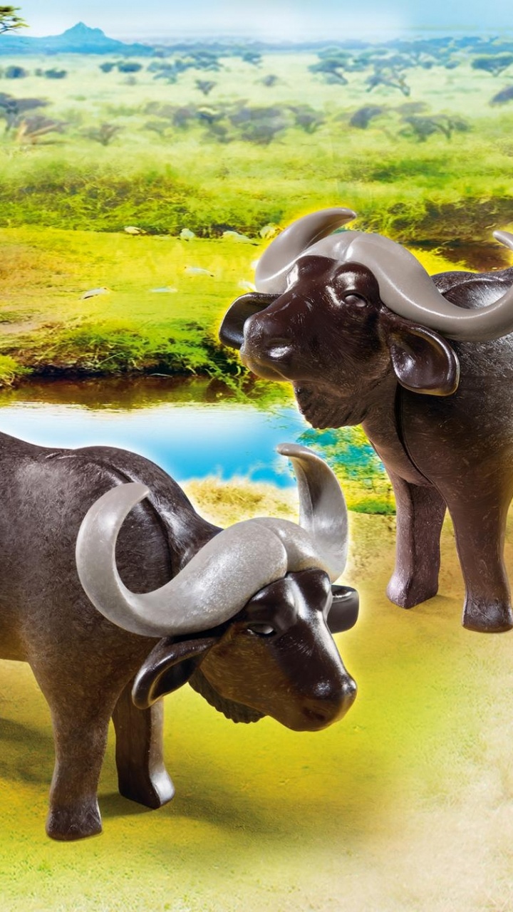 Обои Плеймобиль, живая природа, наземные животные, водяного буйвола, слоны и мамонты в разрешении 720x1280