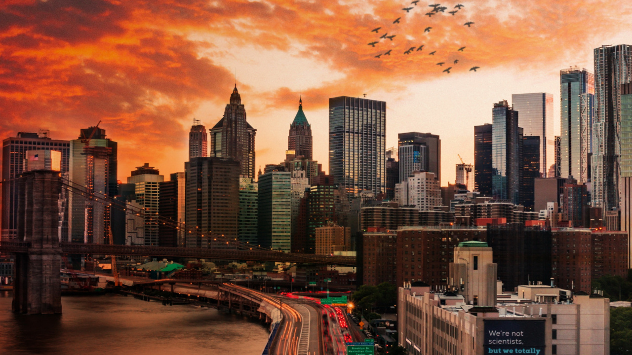 Обои Нижний Манхэттен, Вершина скалы, манхэттенский мост, Эмпайр Стейт Билдинг, облако в разрешении 1280x720