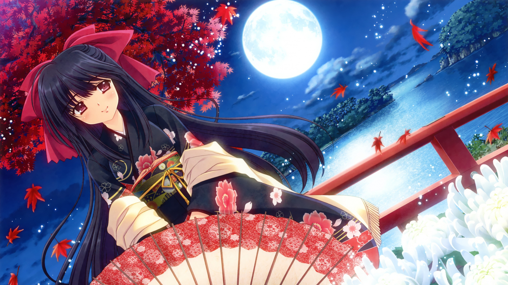 Обои аниме, иллюстрация, зонтик, кимоно, модный аксессуар в разрешении 1920x1080