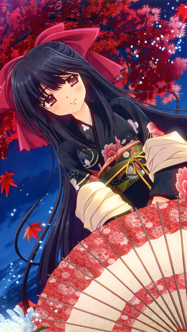 Обои аниме, иллюстрация, зонтик, кимоно, модный аксессуар в разрешении 750x1334