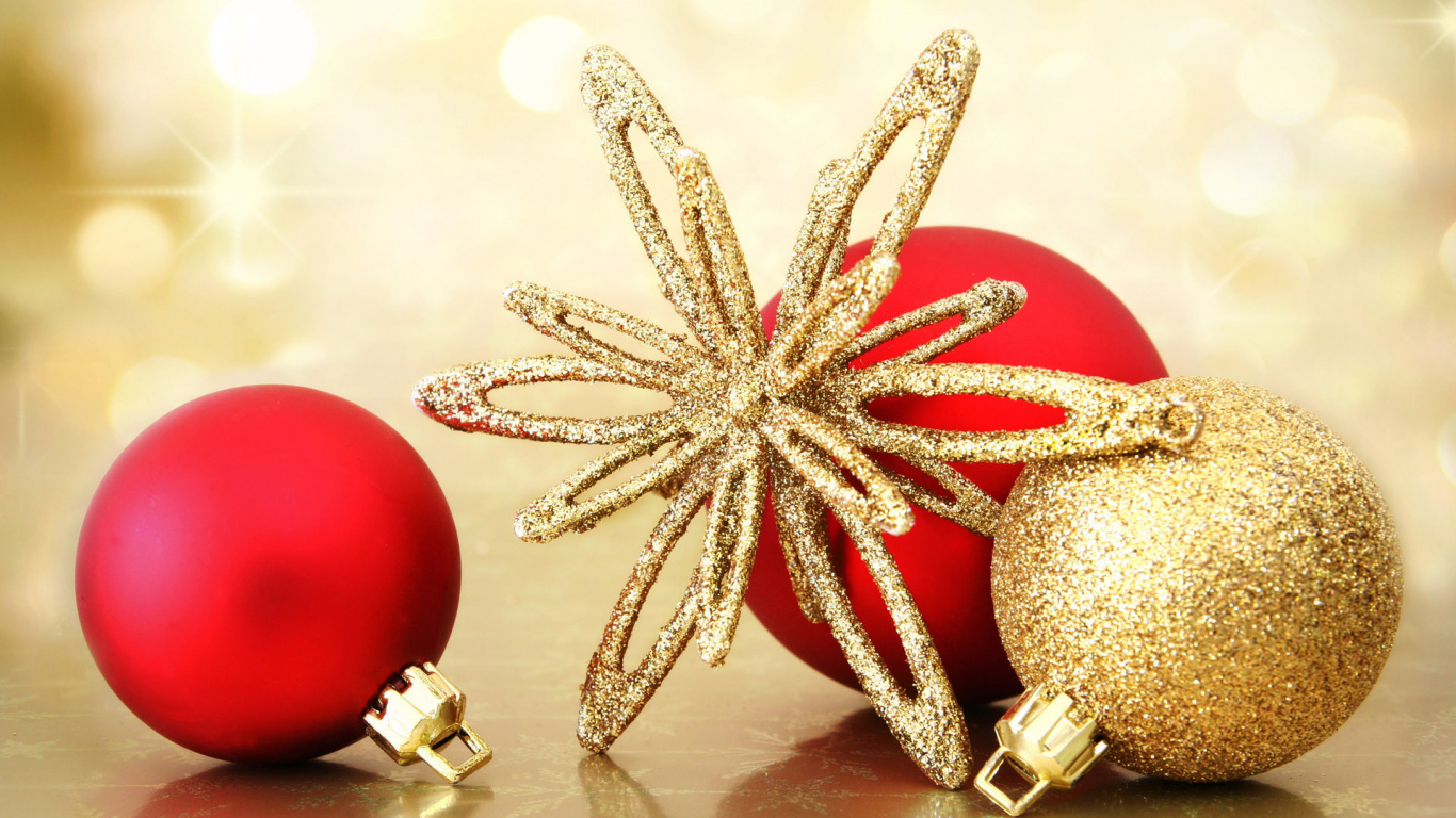 Обои красный и золотой рождественские украшения, рождественский орнамент, Рождественские украшения, Рождественский день, елка в разрешении 1366x768