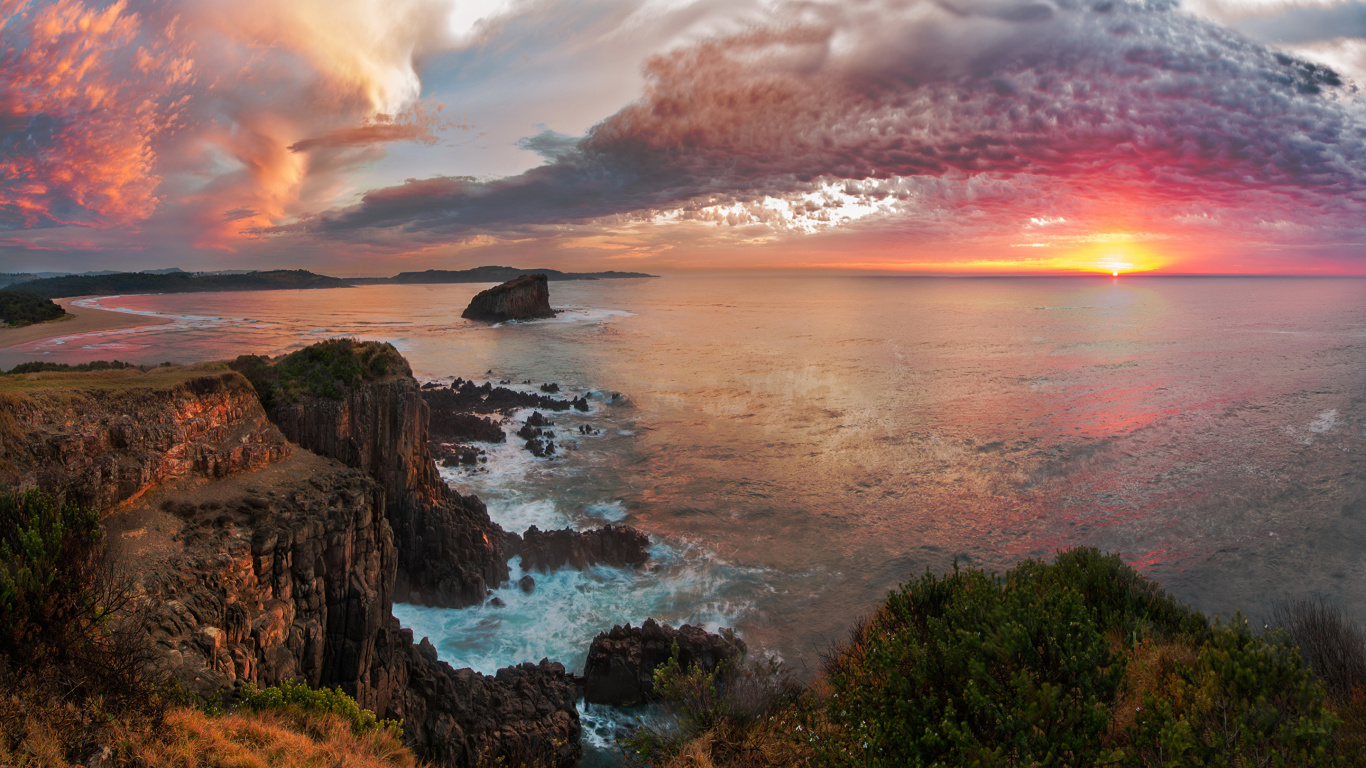 Обои закат, природа, море, побережье, берег в разрешении 1366x768