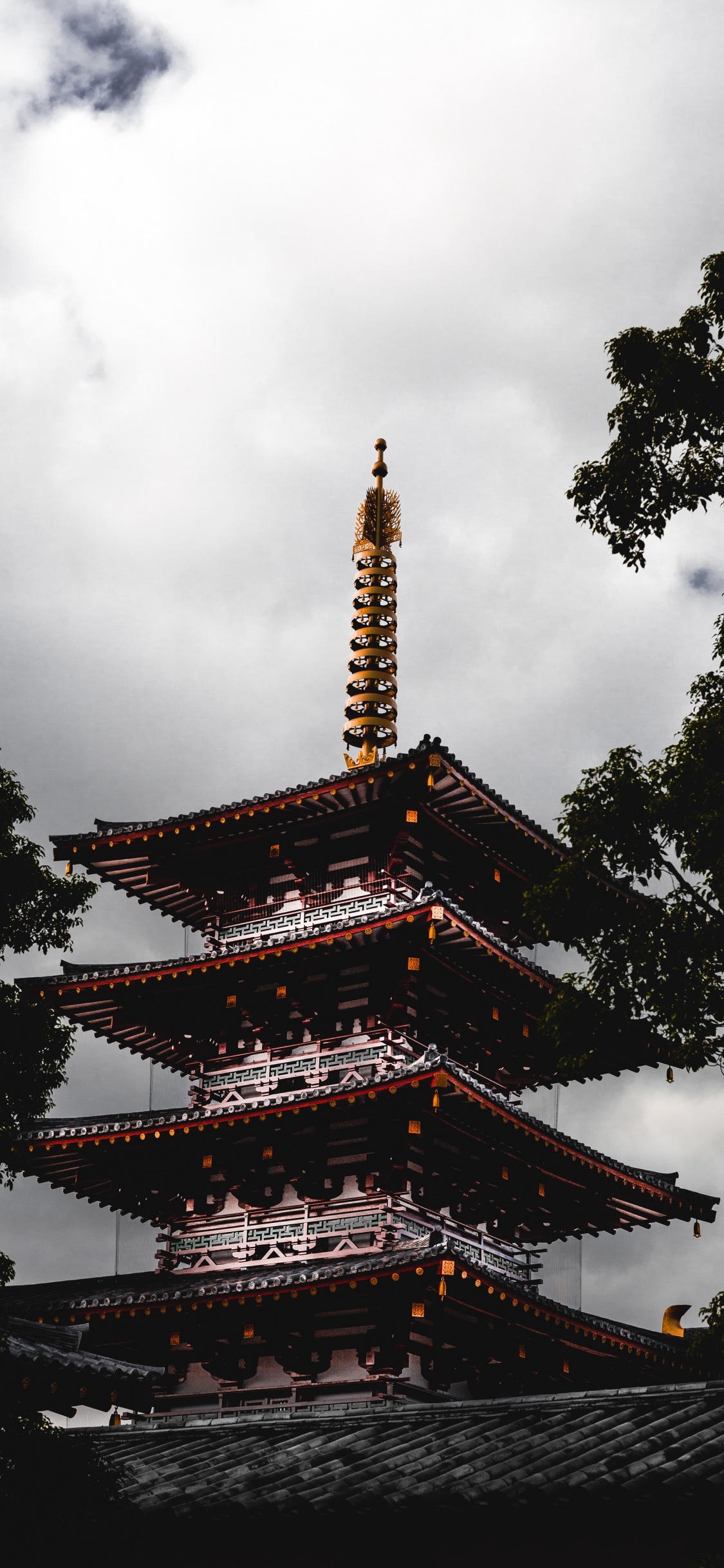 Обои облако, дерево, место поклонения, ориентир, здание в разрешении 1125x2436