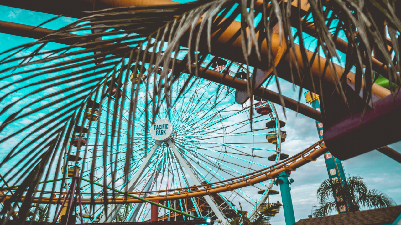 Обои колесо обозрения, парк развлечений, аттракцион, достопримечательность, колесо в разрешении 1280x720