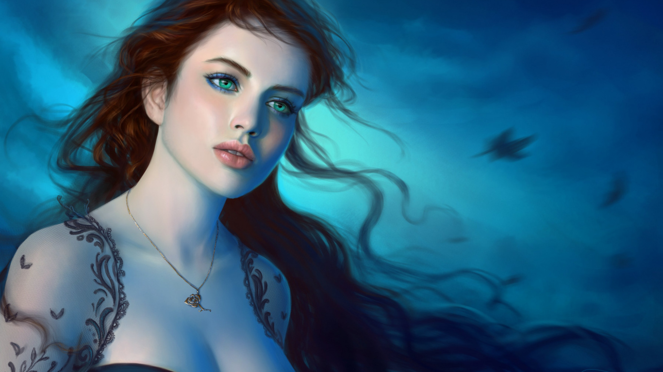 Обои синий, красота, иллюстрация, портрет, арт в разрешении 1366x768