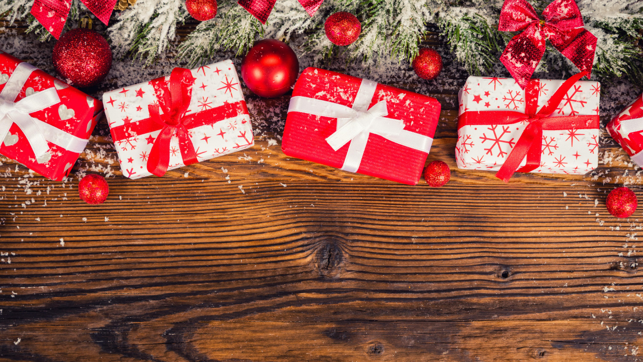 Обои подарок, Рождественский день, Новый год, Рождественские украшения, Рождество в разрешении 1280x720