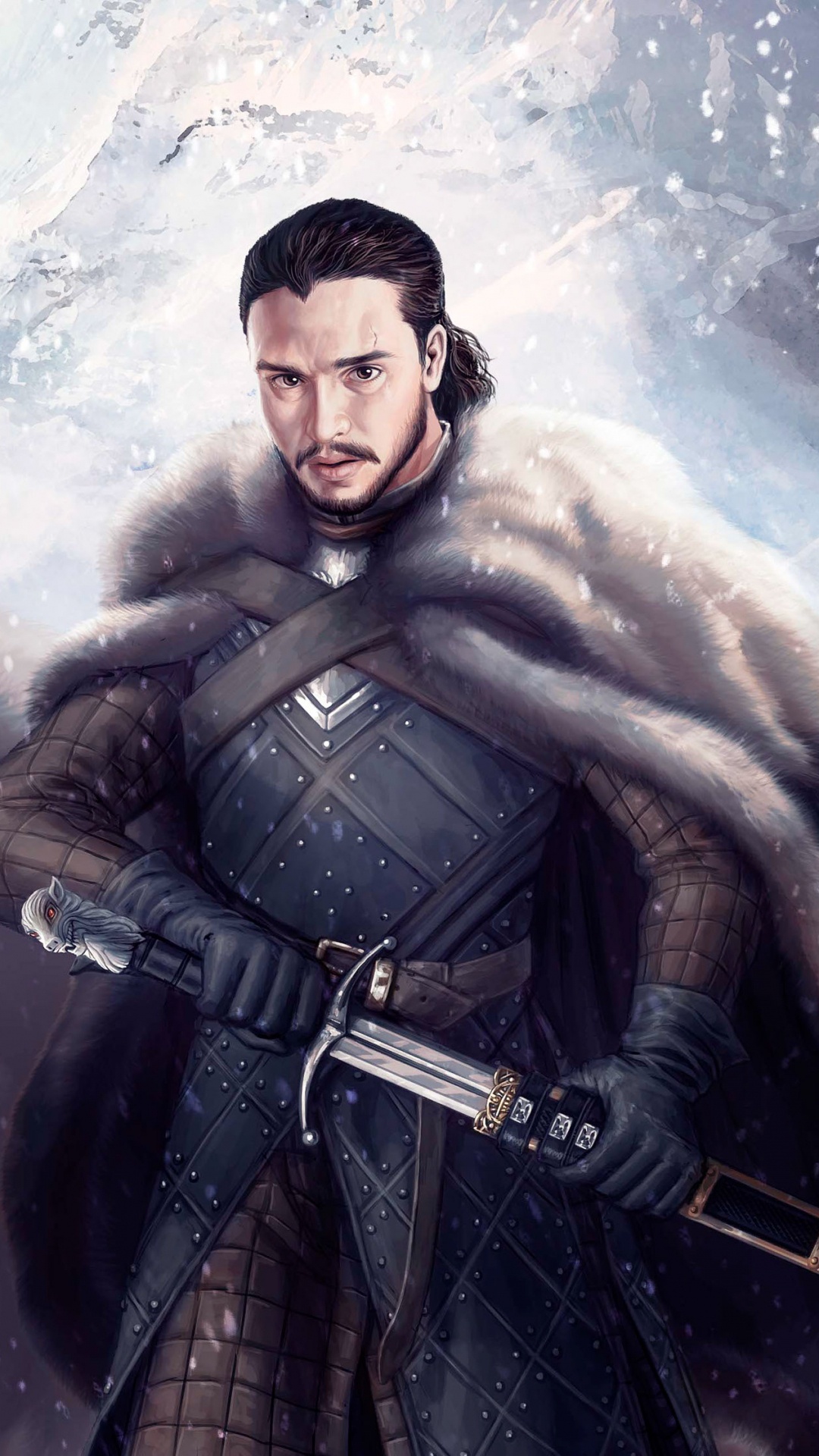 Обои Джон Сноу и призрак, Джон Сноу, Игра престолов, иллюстрация, волк в разрешении 1080x1920