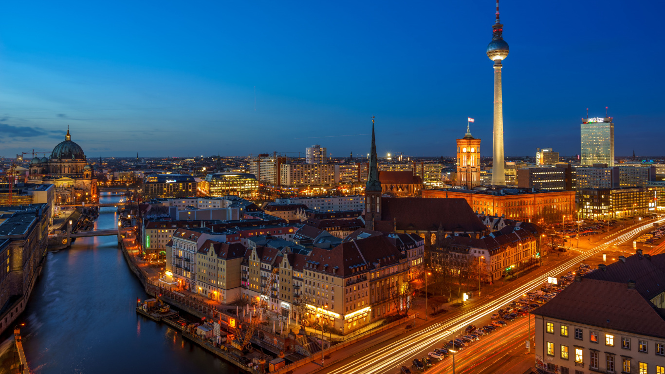 Обои Берлинский собор, ночь, город, городской пейзаж, городской район в разрешении 1366x768