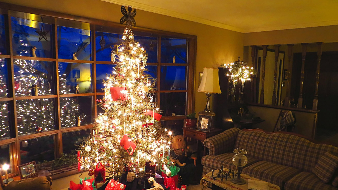 Обои гостиная комната, елка, Рождественские огни, Рождественский день, дизайн в разрешении 1280x720