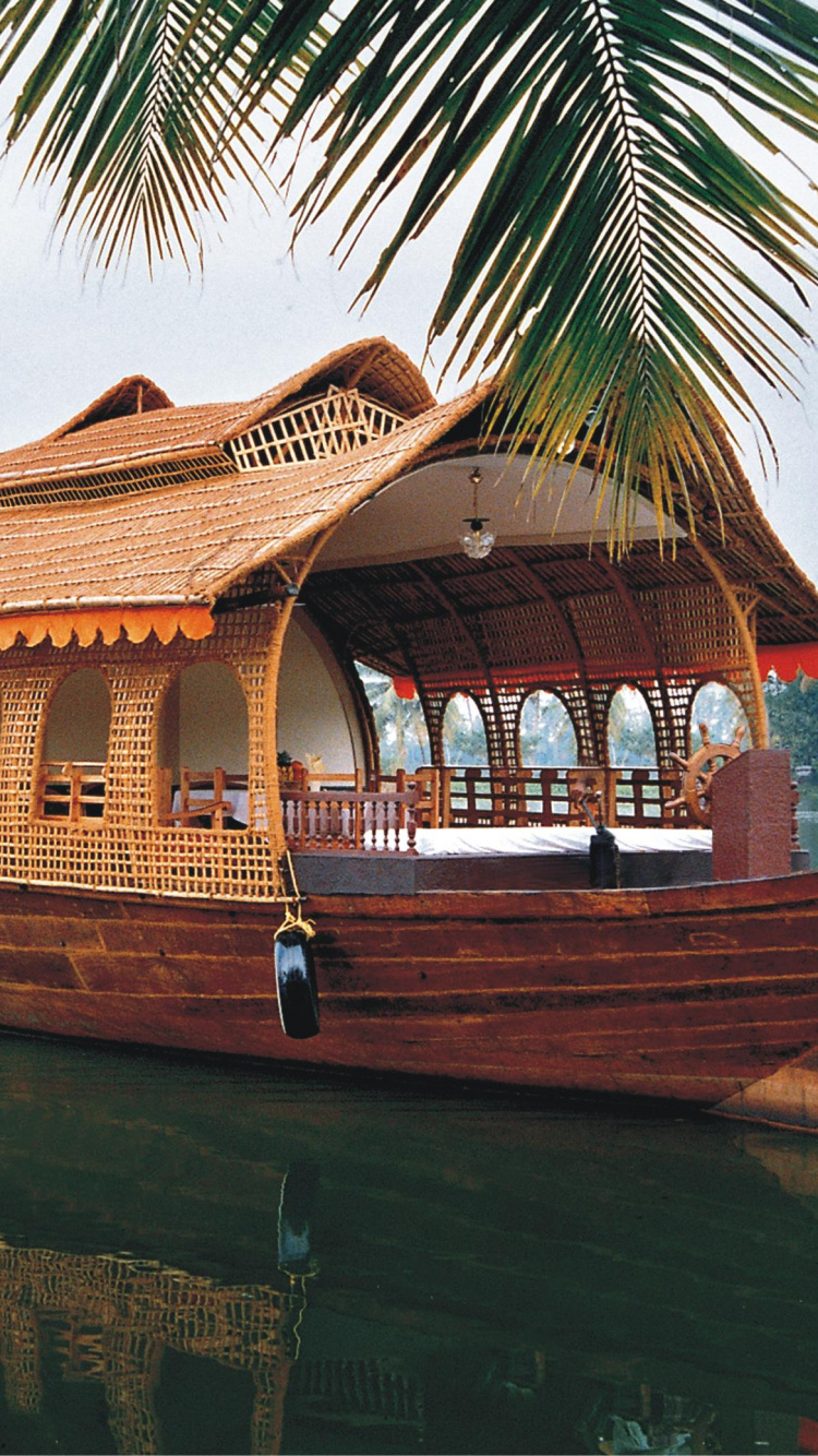 Обои отражение, плавучий дом, перевозка воды, Заводям Кералы, лодка в разрешении 750x1334