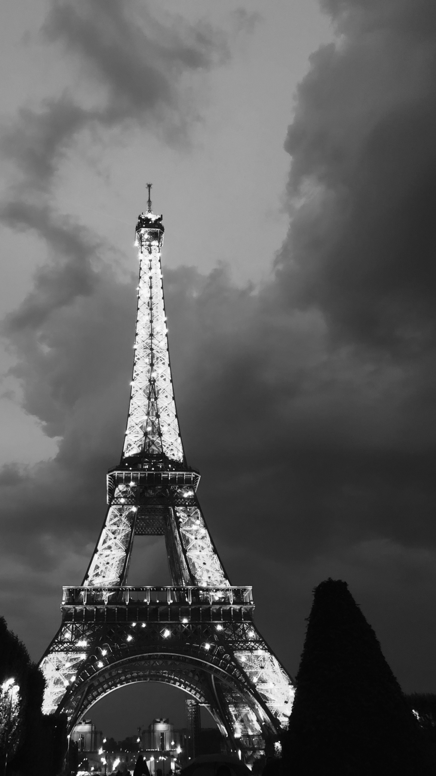 Обои Эйфелева башня, черный и белый, вышка, облако, атмосфера в разрешении 1440x2560