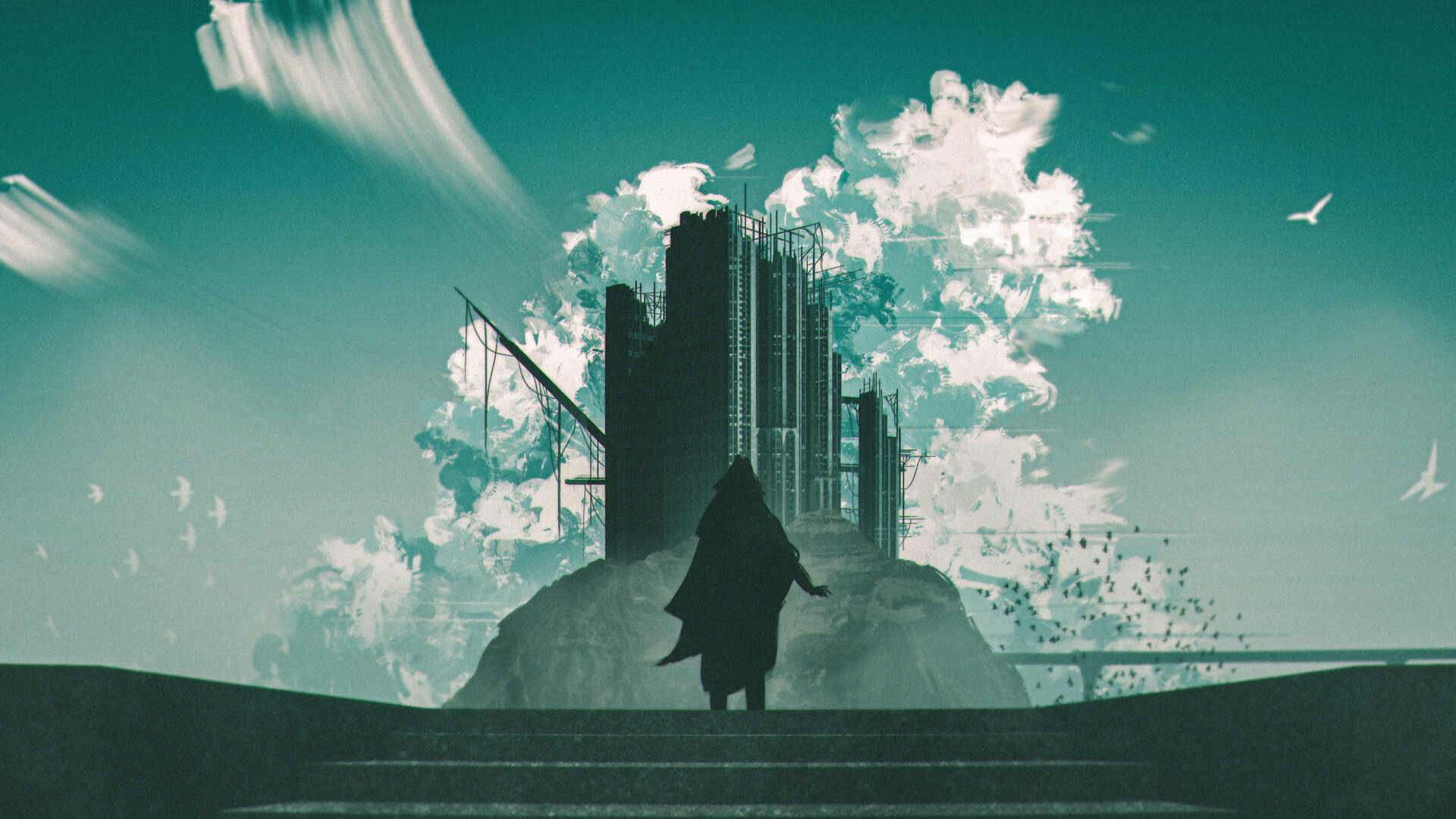 Обои архитектура, снимок, иллюстрация, синий, черный и белый в разрешении 1920x1080