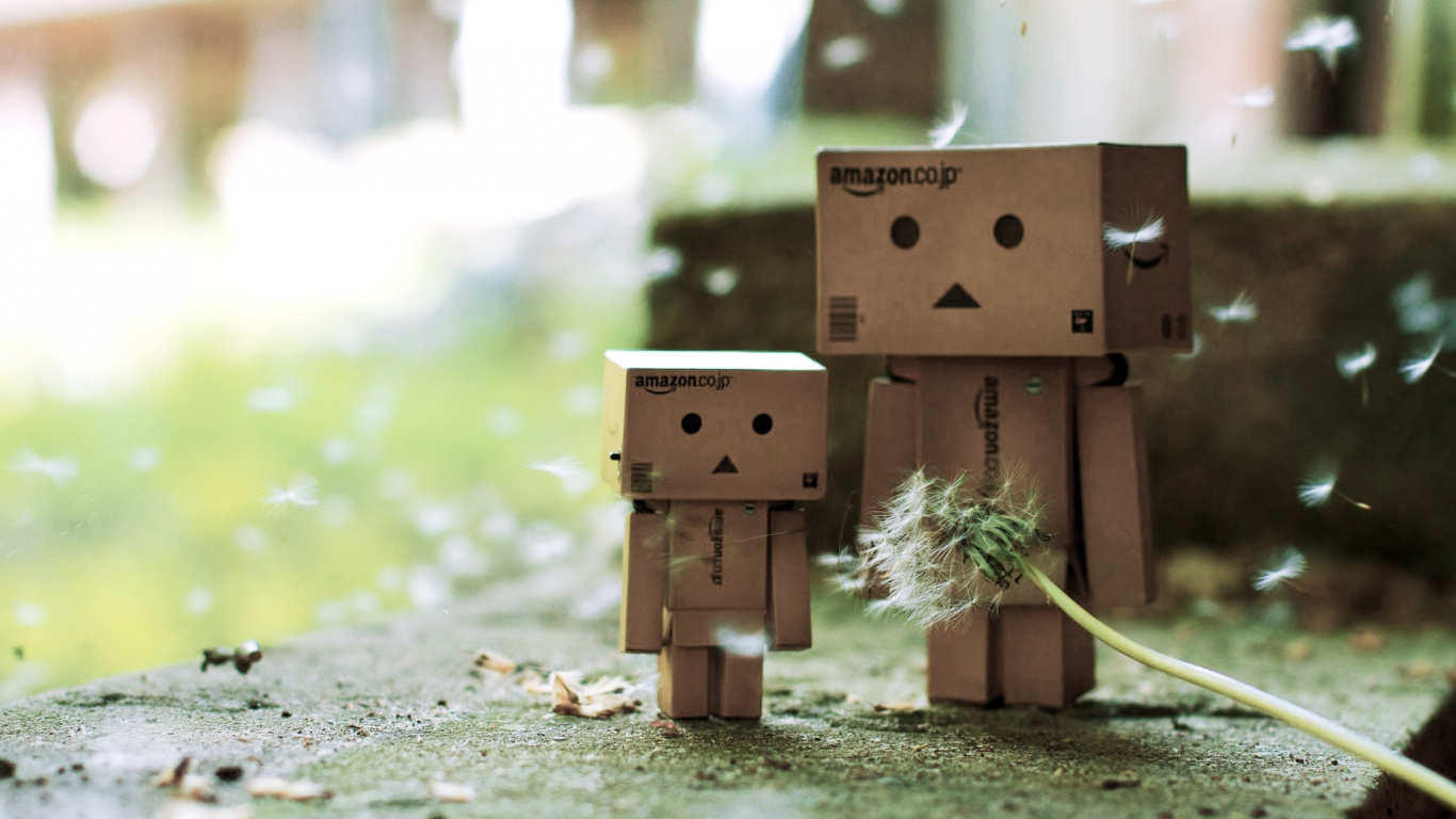 Обои робот, кабинки, danboard, коробки, печаль в разрешении 1366x768