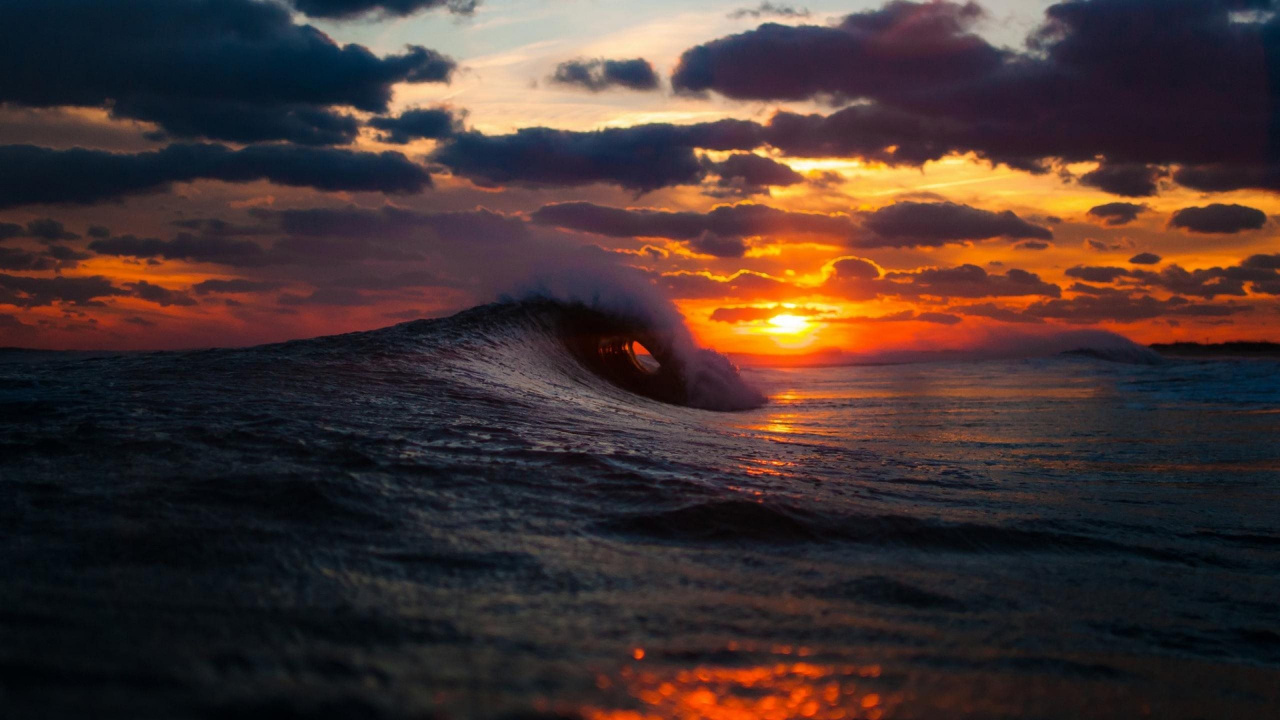 Обои море, океан, закат, волна, горизонт в разрешении 1280x720