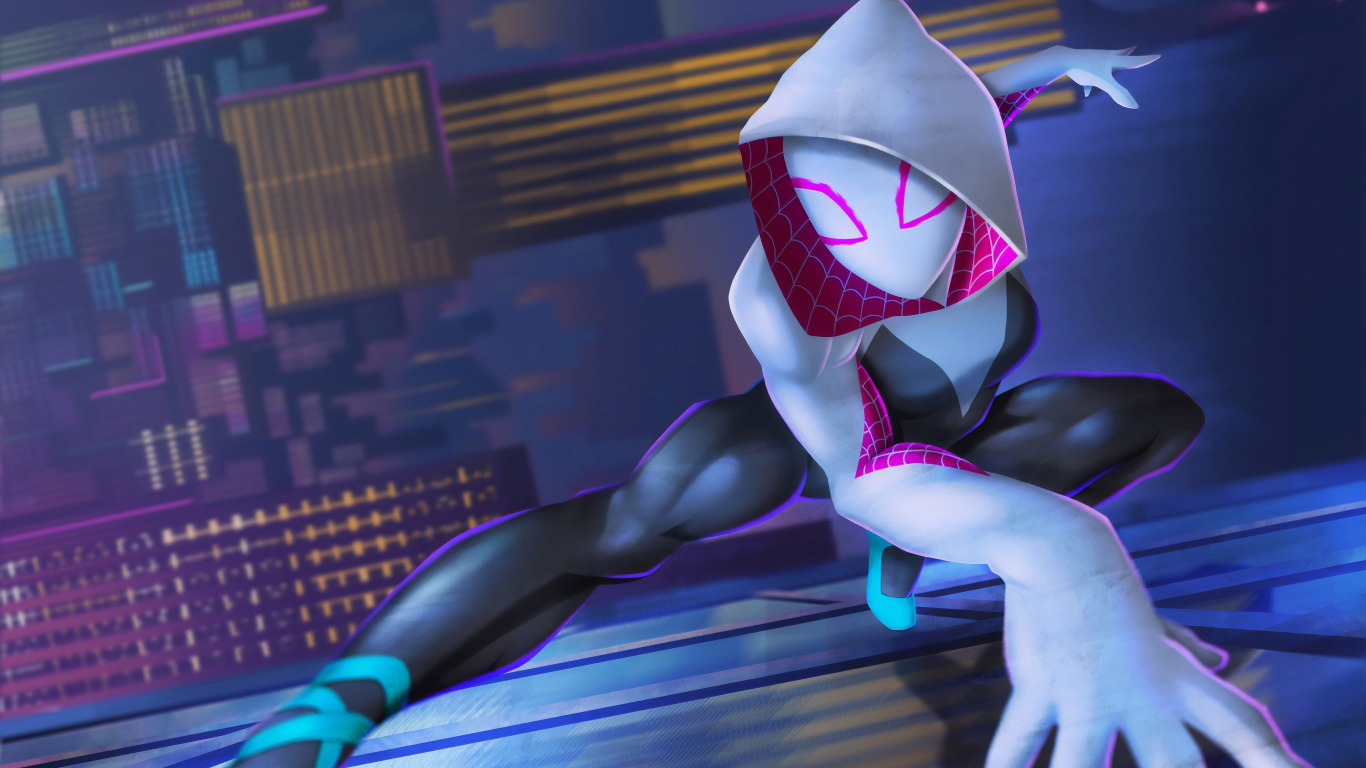 Обои Гвен Стейси, арт, мультфильм, суперзлодей, иллюстрация в разрешении 1366x768