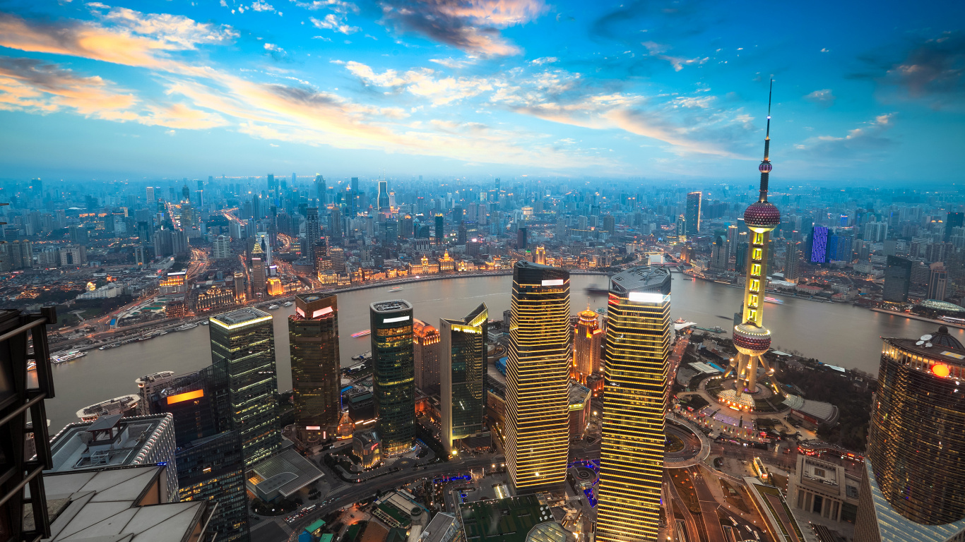 Обои город, городской пейзаж, городской район, метрополия, линия горизонта в разрешении 1366x768