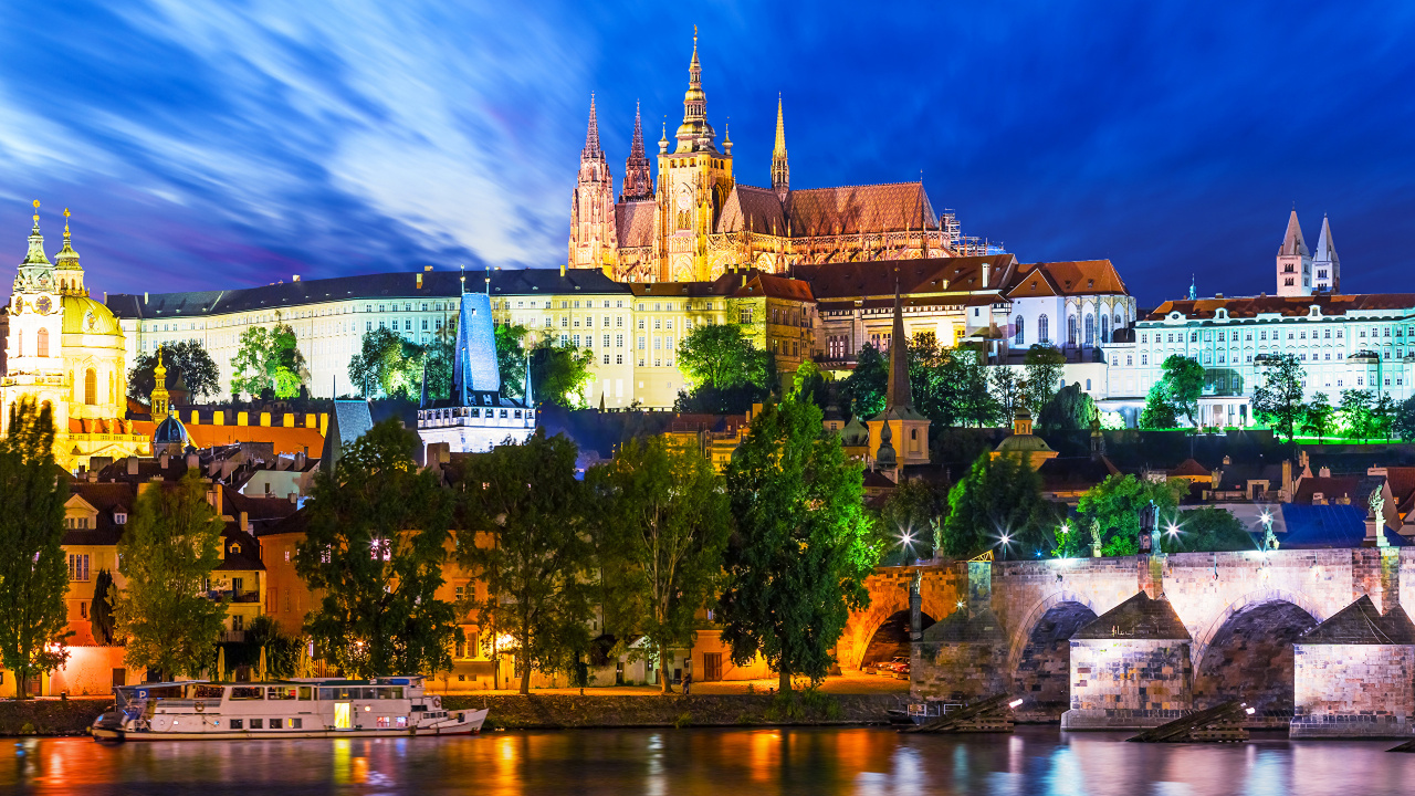 Обои Собор Святого Вита, Карлов мост, Влтава, ориентир, ночь в разрешении 1280x720