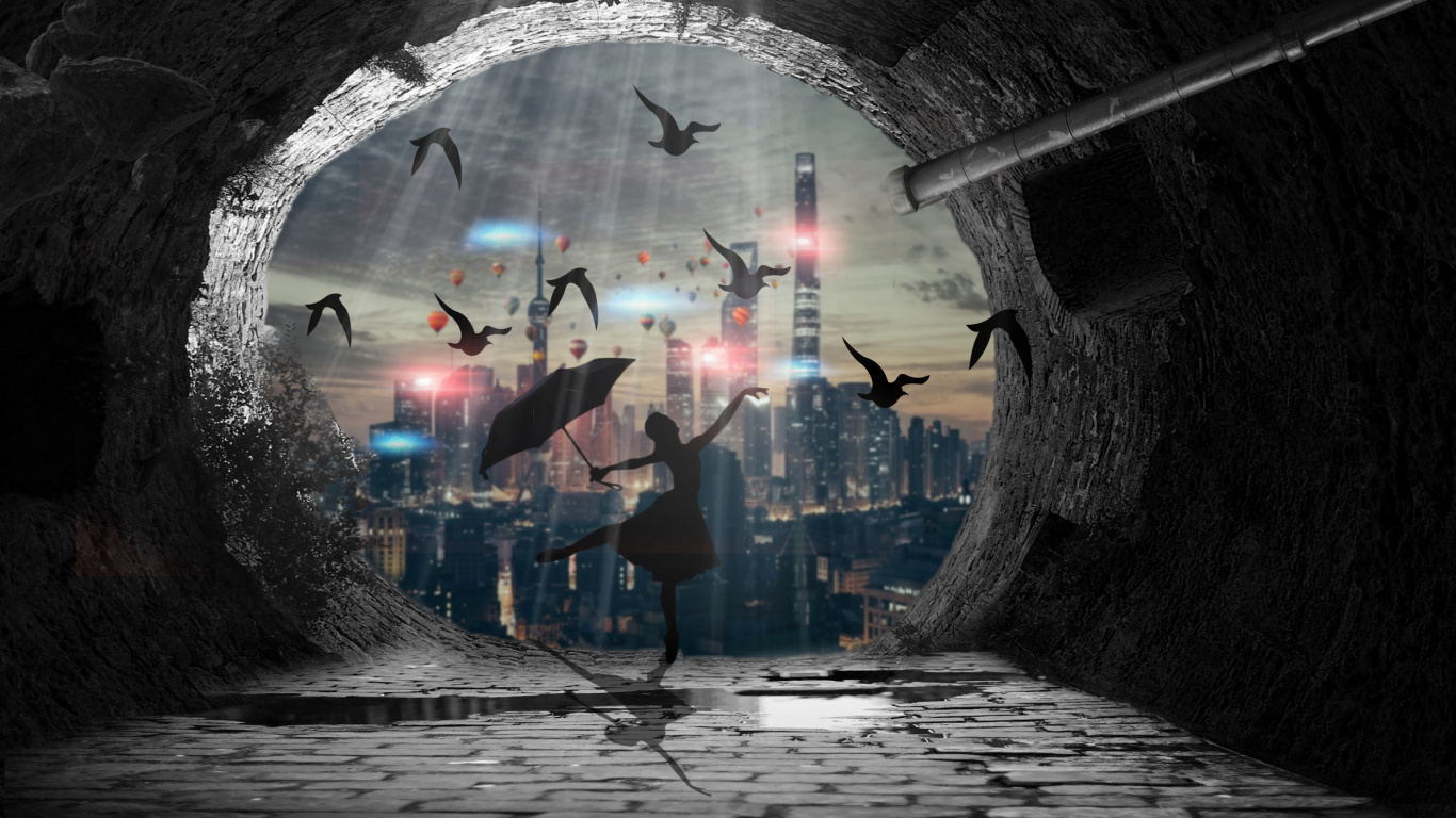 Обои танец, арт, балет, темнота, Цифровой композитинг в разрешении 1366x768