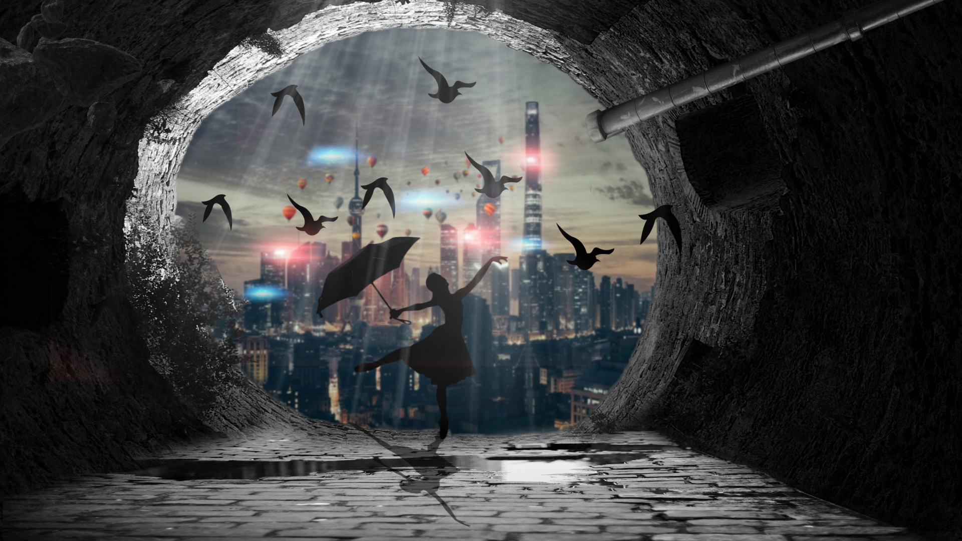 Обои танец, арт, балет, темнота, Цифровой композитинг в разрешении 1920x1080