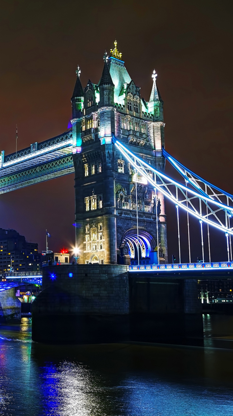 Обои тауэрский мост, лондонский мост, мост, ночь, ориентир в разрешении 750x1334