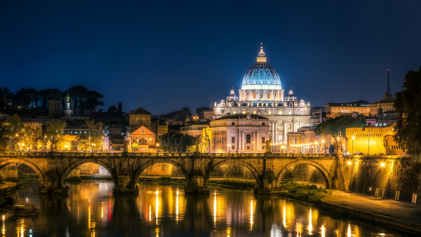 Обои Собор Св Петра, ориентир, ночь, отражение, город в разрешении 1366x768