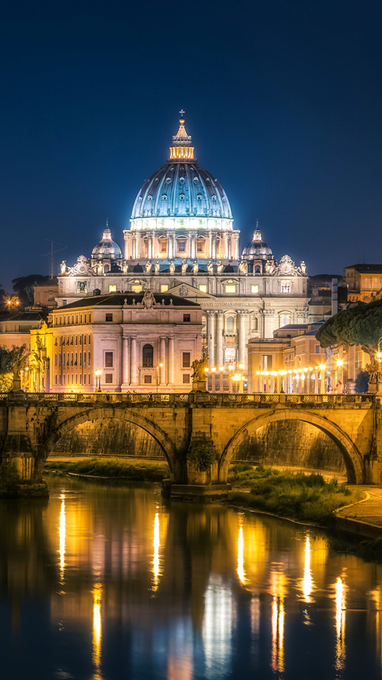Обои Собор Св Петра, ориентир, ночь, отражение, город в разрешении 750x1334