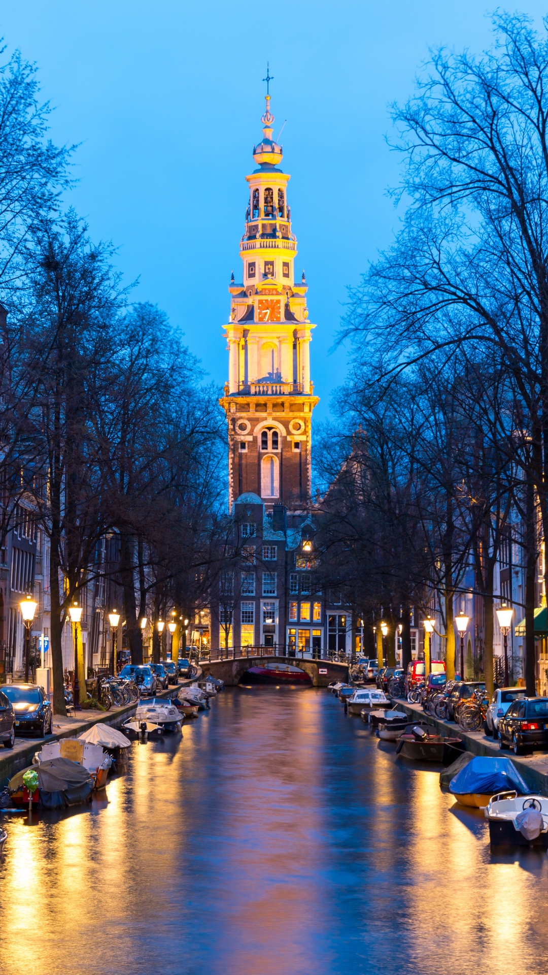 Обои Амстердамский канал в сумерках, Зёйдеркерк, Groenburgwal, Херенграхт, Каналы Амстердама в разрешении 1080x1920