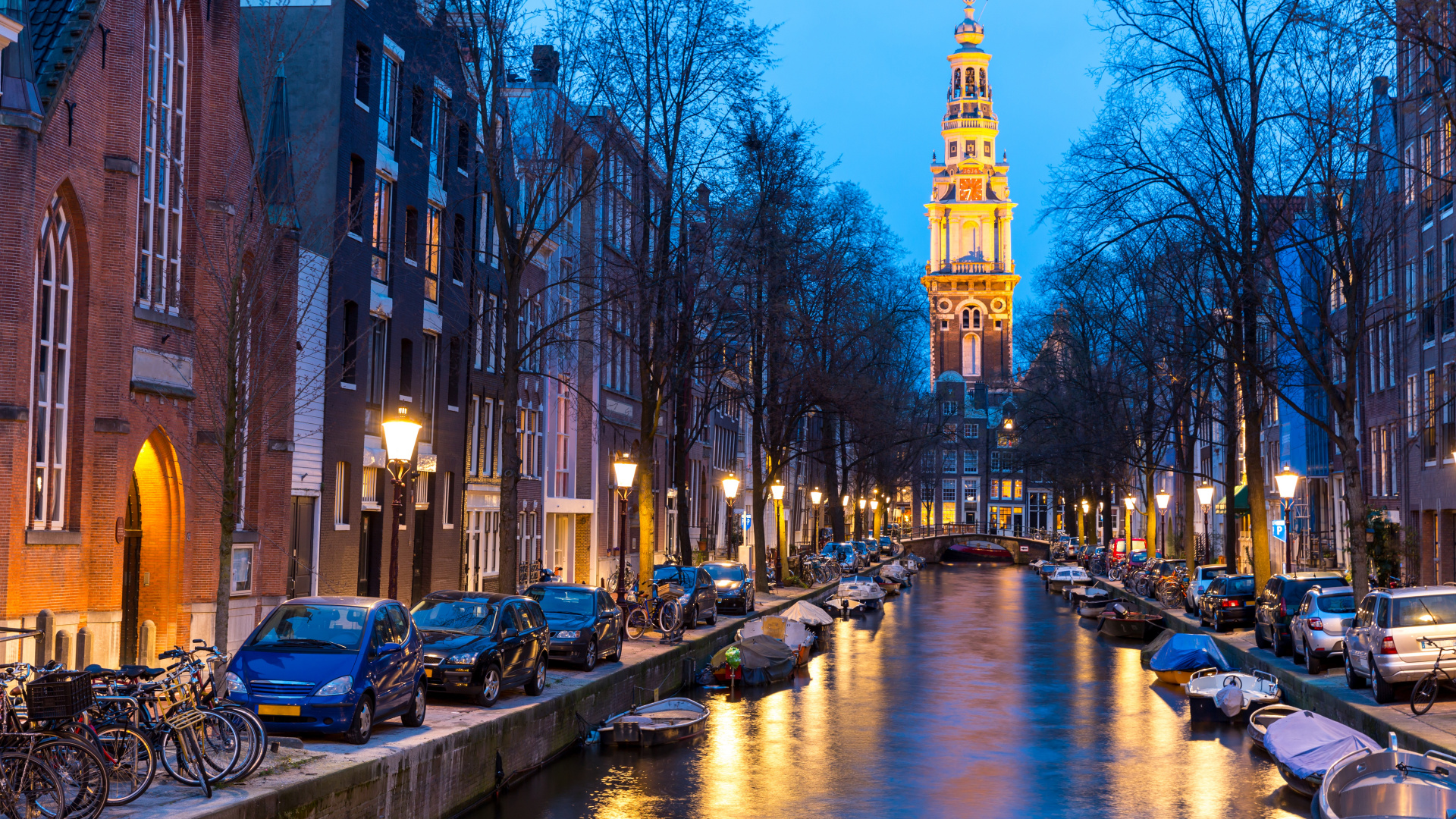 Обои Амстердамский канал в сумерках, Зёйдеркерк, Groenburgwal, Херенграхт, Каналы Амстердама в разрешении 1920x1080