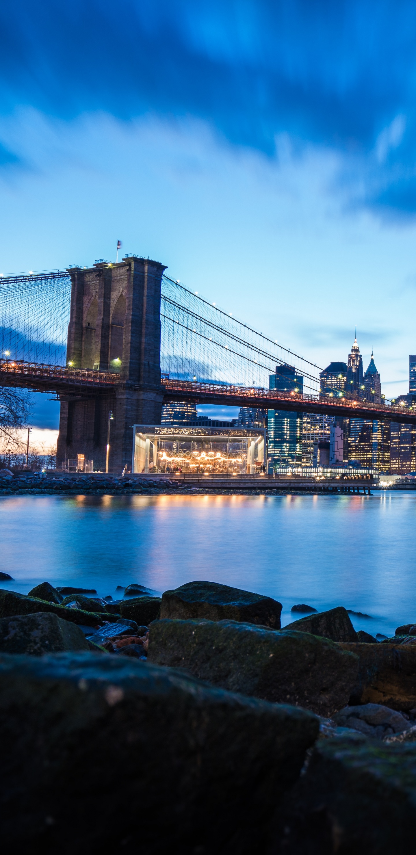 Обои Бруклинский мост, мост, городской пейзаж, город, линия горизонта в разрешении 1440x2960