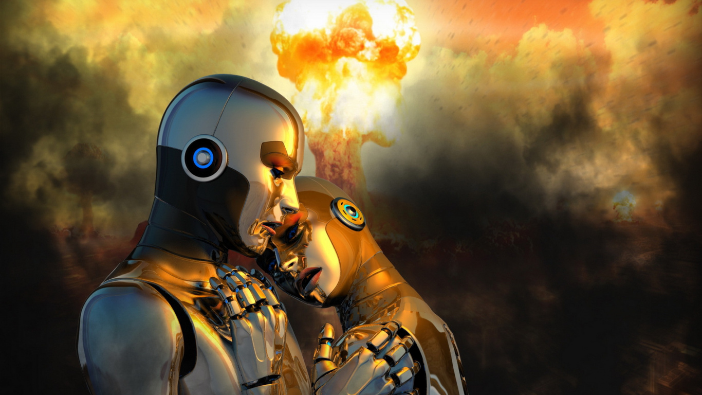 Обои робот, желтый, любовь, роман, пара в разрешении 1366x768