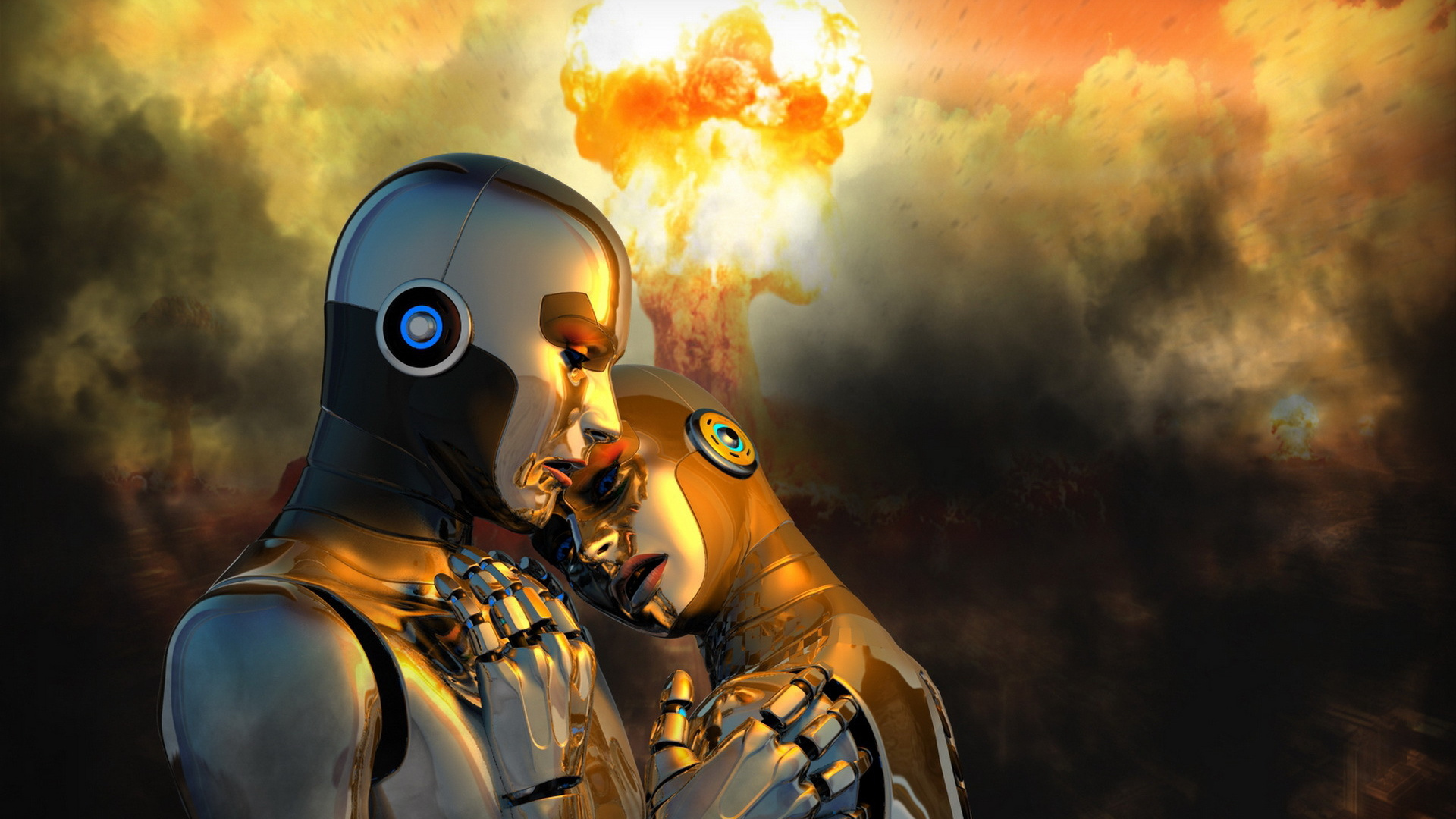 Обои робот, желтый, любовь, роман, пара в разрешении 1920x1080