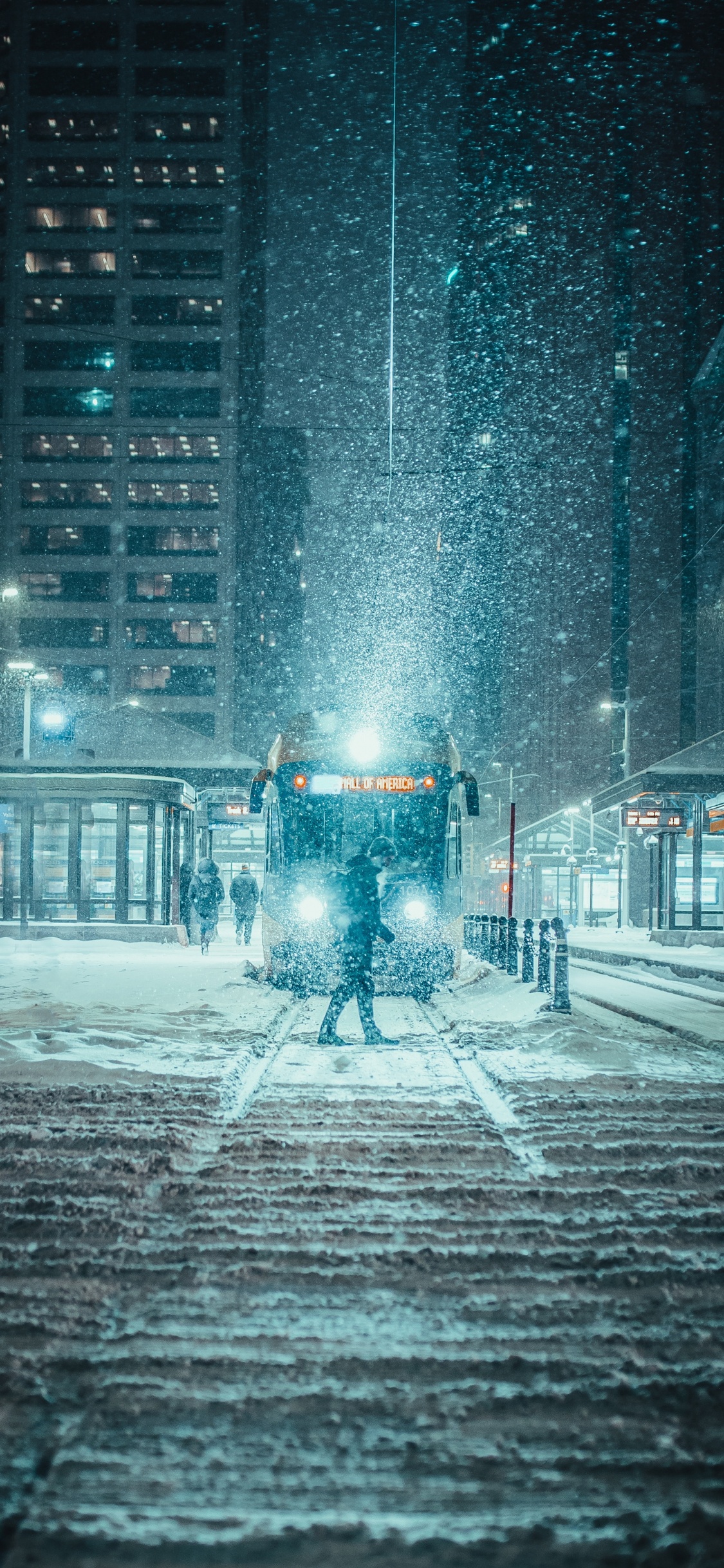 Обои снег, зима, ночь, зимний шторм, город в разрешении 1125x2436