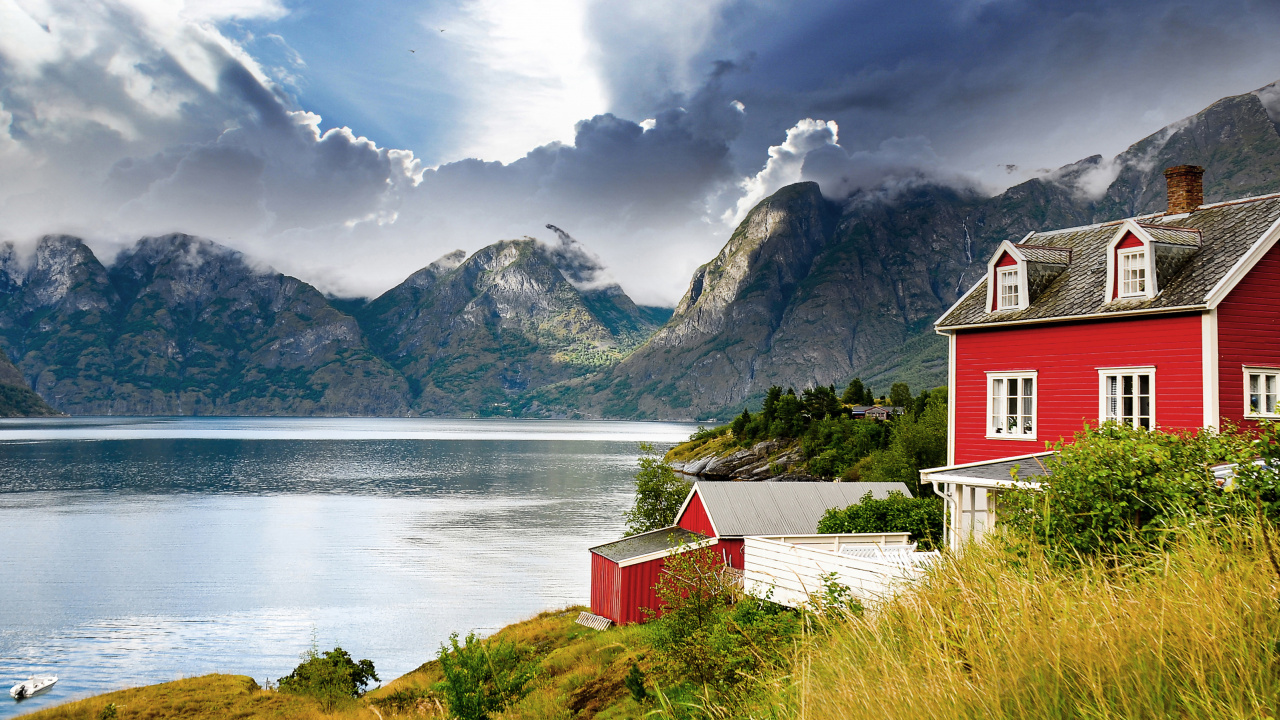 Обои фьорд, озеро, гора, природа, природный ландшафт в разрешении 1280x720