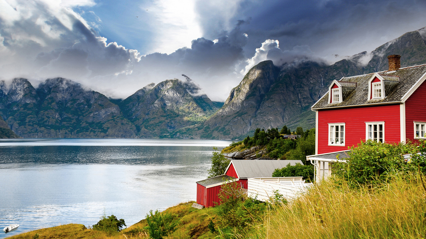 Обои фьорд, озеро, гора, природа, природный ландшафт в разрешении 1366x768